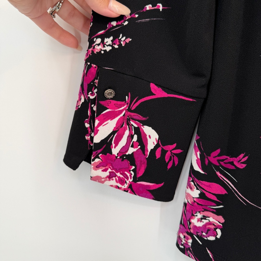 Susan Graver Black Pink Floral Liquid Knit Peplum Back Tunic Top Small Feminine - Picture 3 of 10